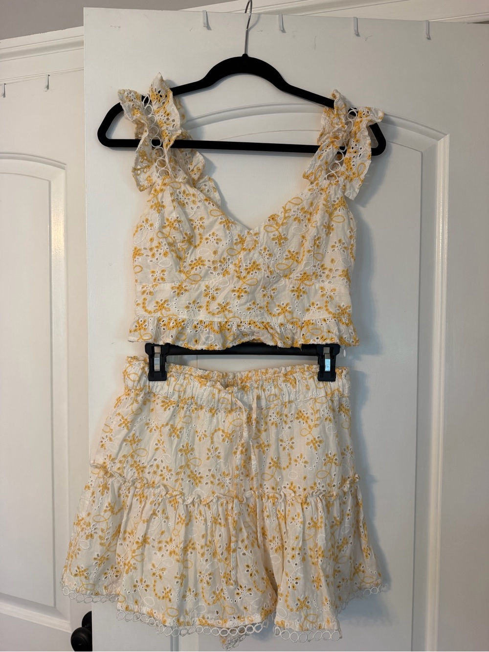 Women’s White & Yellow Eyelet Ruffle Two-Piece Mini Dress Set